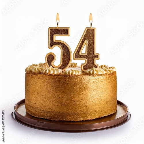 Decorated gold cake for birthday or anniversary party, candle number 54, white background photo