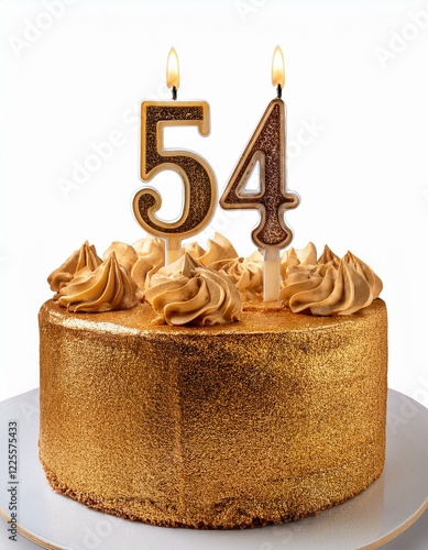 Decorated gold cake for birthday or anniversary party, candle number 54, white background photo