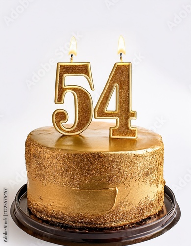 Decorated gold cake for birthday or anniversary party, candle number 54, white background photo