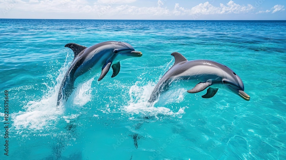 Naklejka premium Playful dolphins jumping through crystal-clear ocean waves, bright sunshine and blue skies