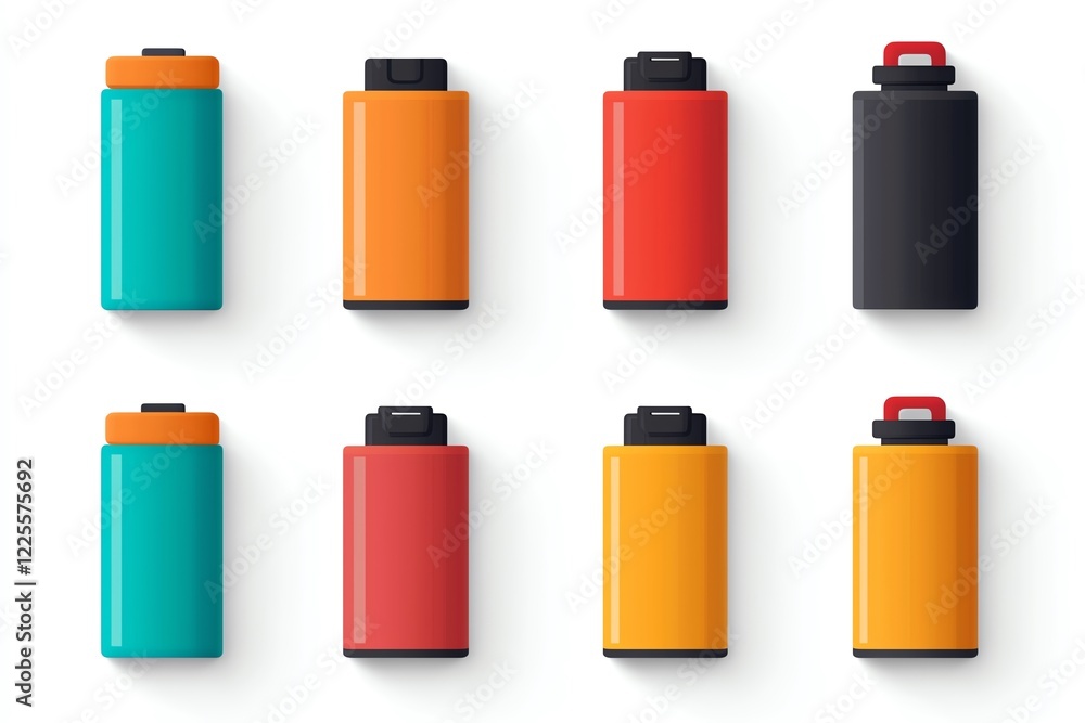 Colorful battery illustrations arranged in a creative layout on a white background. Colorful battery illustrations arranged in a creative layout on a white background.