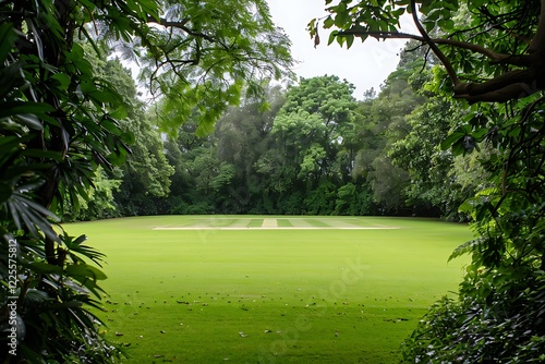 A verdant cricket pitch is nestled amidst a vibrant, tropical landscape. Lush green trees and foliage frame the perfectly manicured field. photo