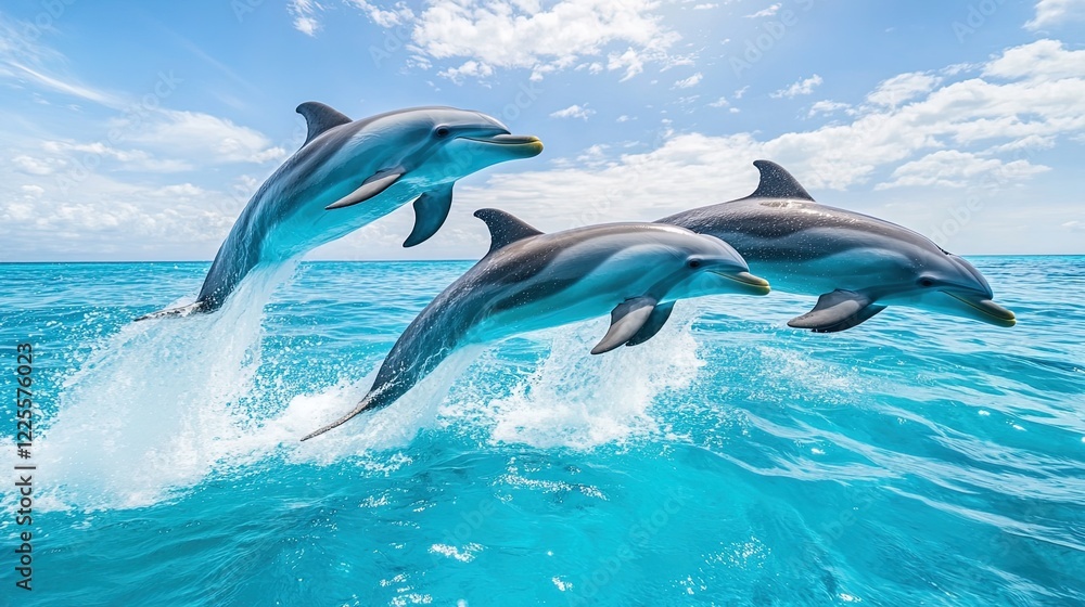 Fototapeta premium Playful dolphins jumping through crystal-clear ocean waves, bright sunshine and blue skies 