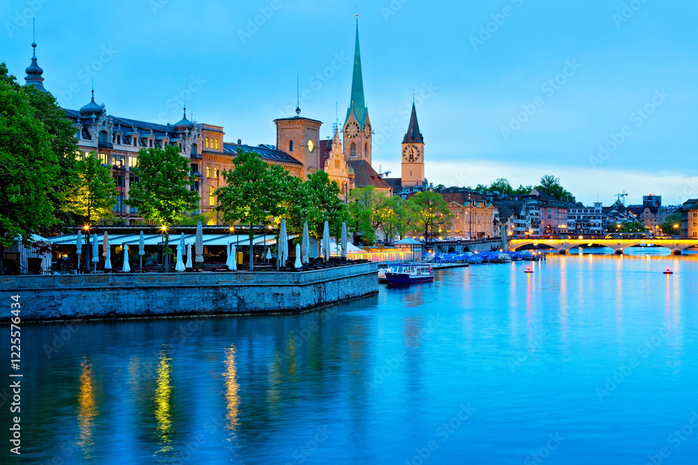 Panoramic view of Zurich city at twilight, swiss Alps, Switzerland Panoramic view of Zurich city at twilight, swiss Alps, Switzerland