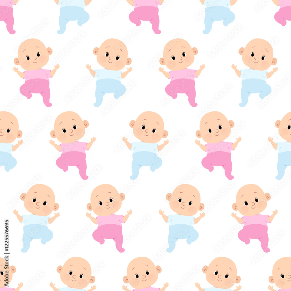 Seamless pattern of cute newborn babies in pink and blue clothes on white background