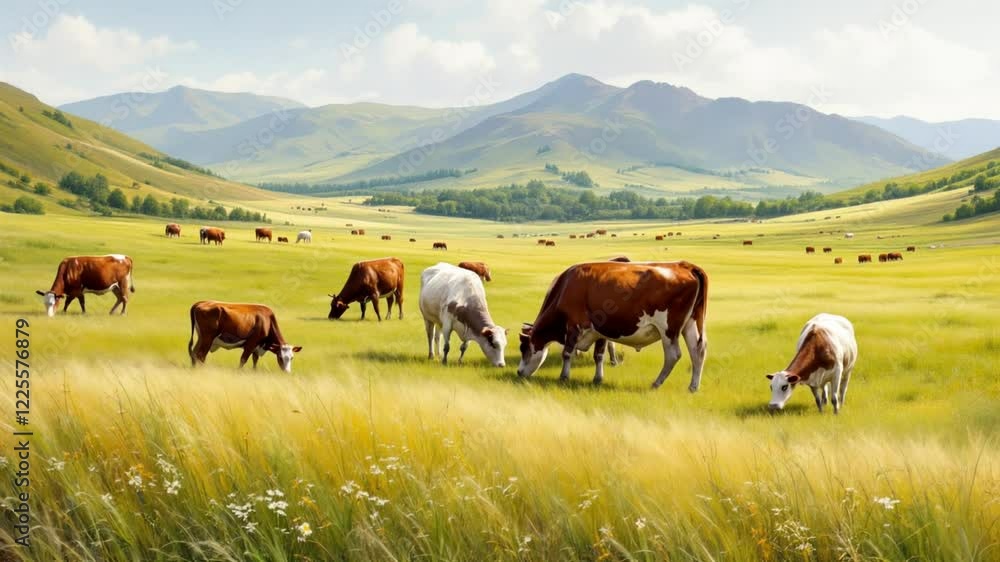 Serene Pastoral Landscape: Cows Grazing in a Mountain Valley Serene Pastoral Landscape: Cows Grazing in a Mountain Valley