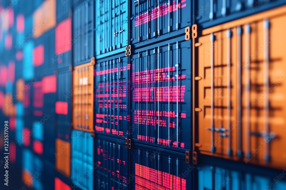 Fototapeta premium Colorful shipping containers stacked, showcasing modern logistics and transportation.