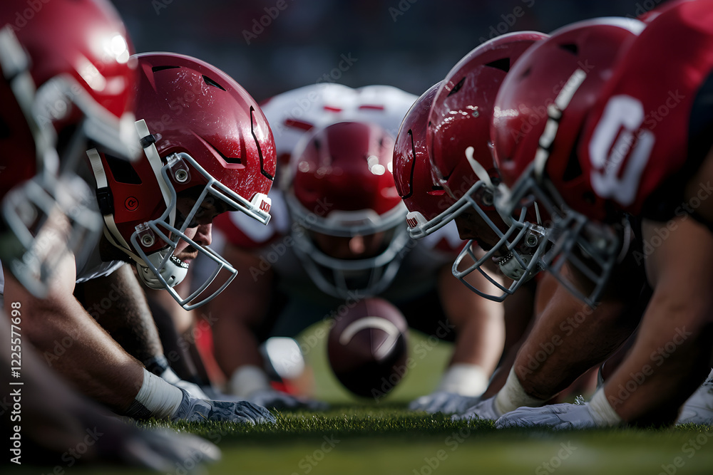 Fototapeta premium A wide-angle shot of a defensive line surging forward as the ball is snapped, their focus on the quarterback.