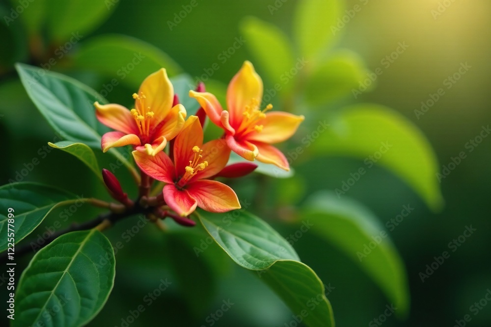 Green leaves with red and yellow Ixora flowers blooming on a branch in the garden atmosphere, garden, leaves Green leaves with red and yellow Ixora flowers blooming on a branch in the garden atmosphere, garden, leaves