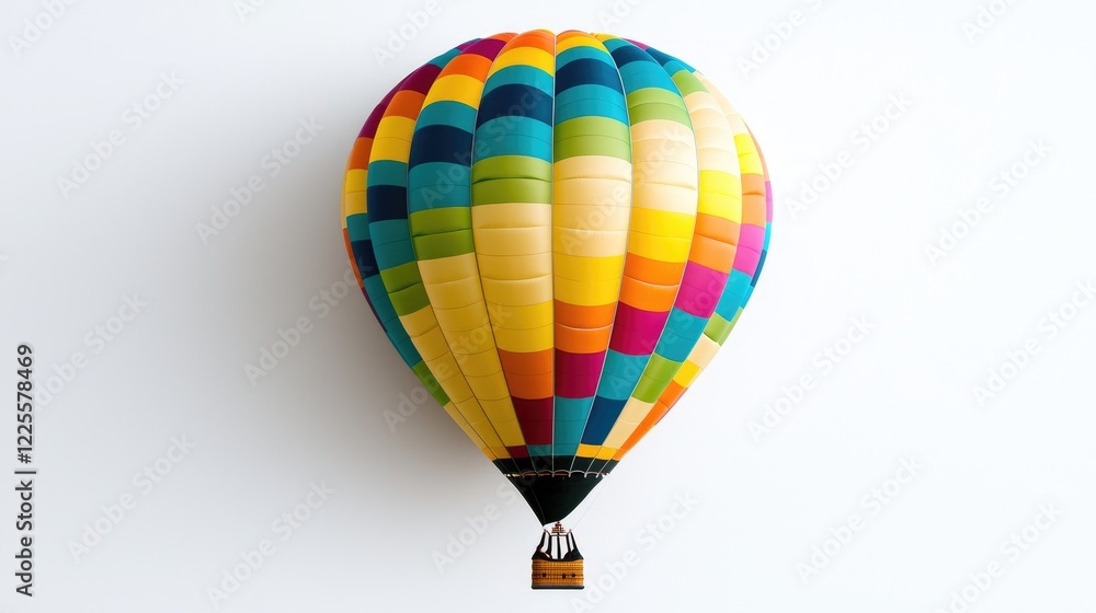 Fototapeta premium Colorful hot air balloon floats against white background; travel, adventure concept