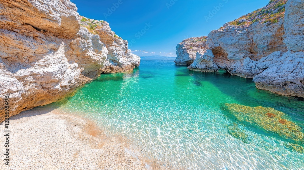 Fototapeta premium Secluded cove, turquoise water, white cliffs, sunny day, idyllic beach escape