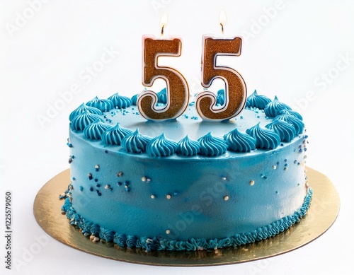 Decorated blue cake for birthday or anniversary party, candle number 55, white background photo