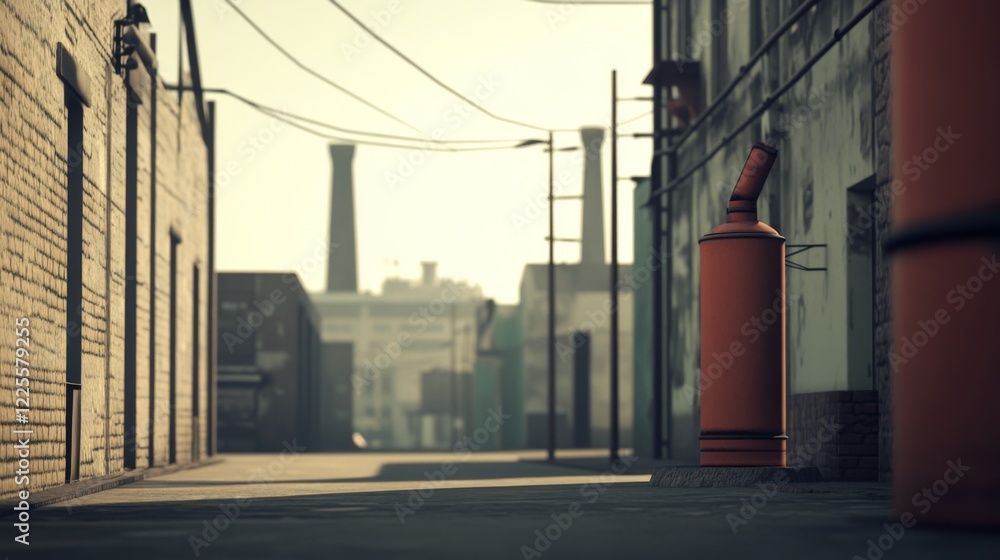 Sunlit industrial alleyway with a large orange gas cylinder. Sunlit industrial alleyway with a large orange gas cylinder.