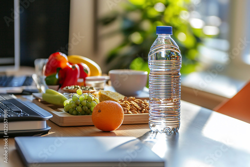Fresh fruits and water bottle on a desk with a laptop, showcasing a healthy workspace environment