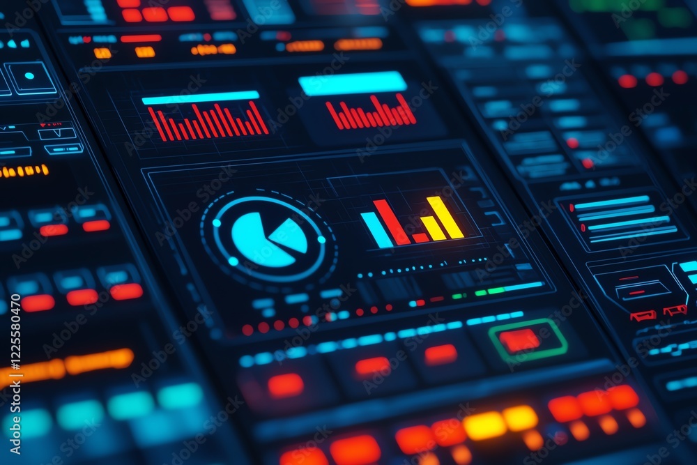 Futuristic interface with graphs, charts, and vibrant data visualizations. Futuristic interface with graphs, charts, and vibrant data visualizations.