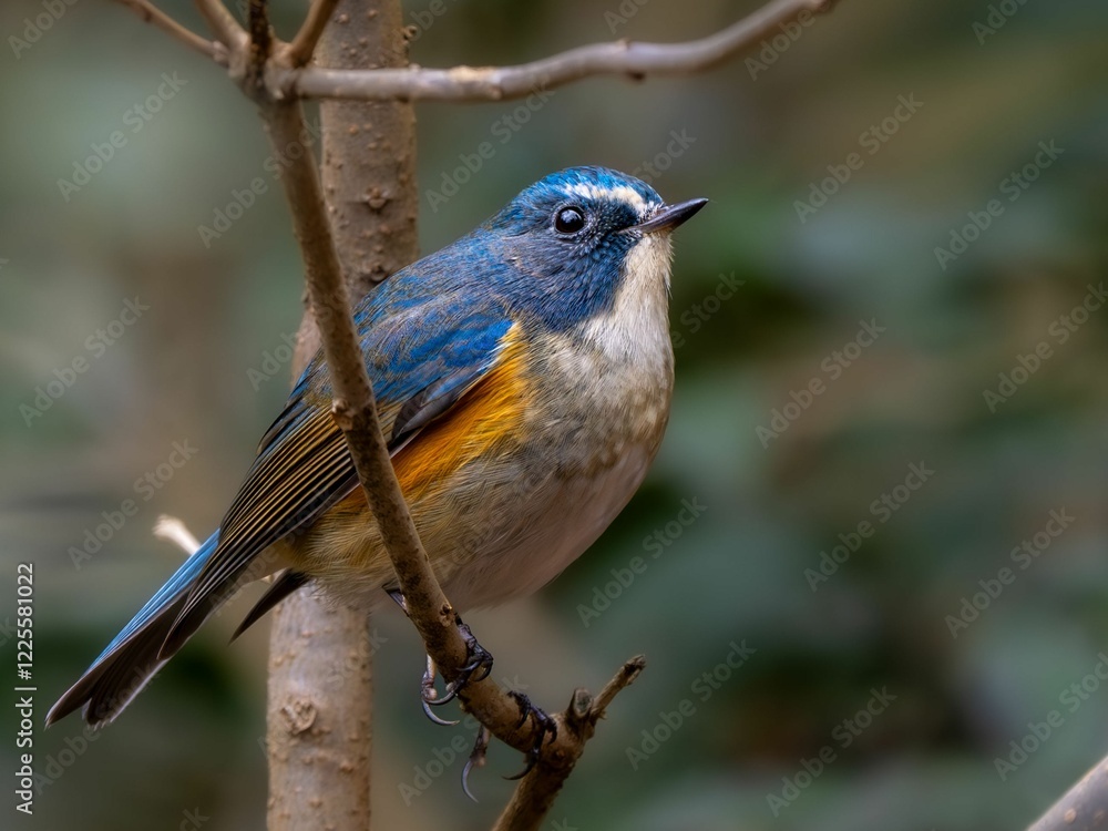 Naklejka premium 森の中で枝に留まって周りを見渡しているルリビタキの雄