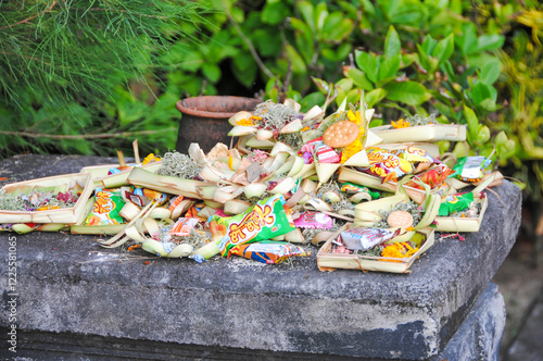 Balinese religious offering callled canang sari. Canang sari is one of the daily offerings made by Balinese Hindus to thank the Sang Hyang Widhi Wasa in praise and prayer