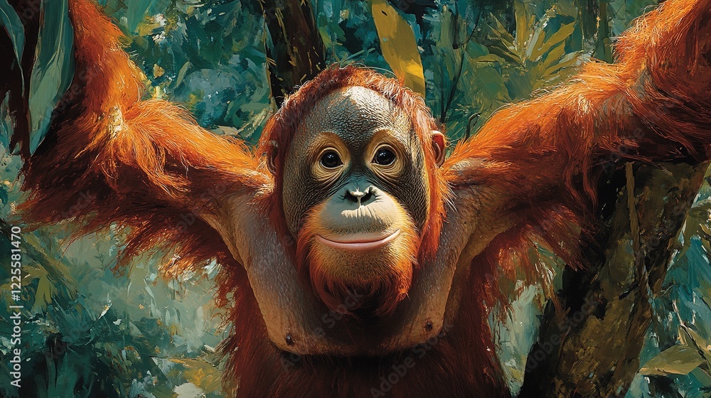 Obraz premium Orangutan hanging from a tree in a dense jungle, curious expression, vivid green background 