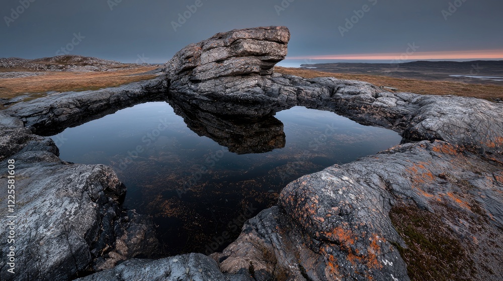 Fototapeta premium Rock formation reflects in a still pool of water on a desolate plateau under a dramatic twilight sky.
