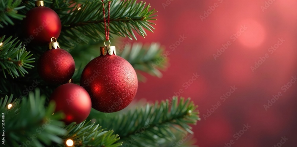 Decorative red Christmas ball wreath on branch, holiday, ornaments Decorative red Christmas ball wreath on branch, holiday, ornaments