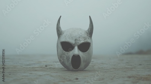 A demonic mask sits alone on a misty beach. photo