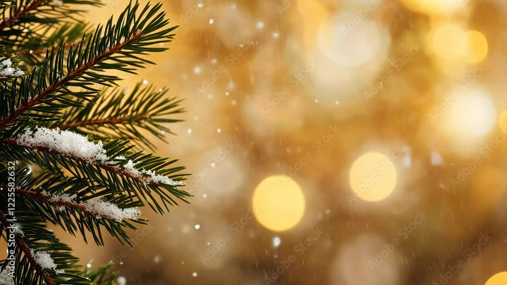 Snow-dusted pine branches bring a sense of warmth and cheer in a softly lit winter setting filled with golden bokeh Snow-dusted pine branches bring a sense of warmth and cheer in a softly lit winter setting filled with golden bokeh