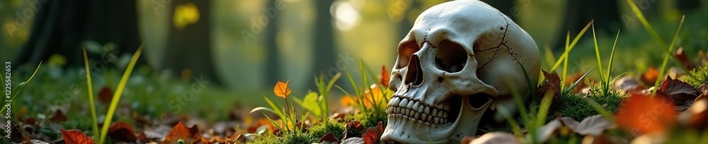 Skull with long grass and leaves tangled around it, foliage, autumn, forest Skull with long grass and leaves tangled around it, foliage, autumn, forest