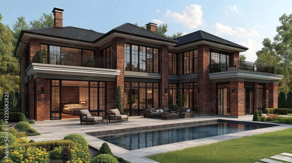 Fototapeta premium Beautiful brick house with a pool and a garden in front. Generative AI
