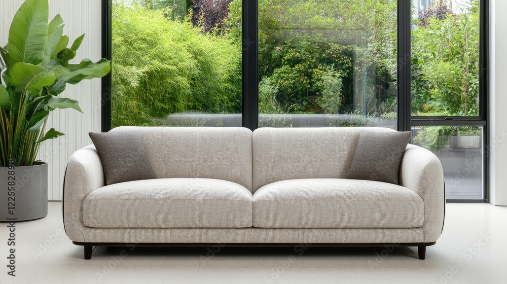 Fototapeta premium A spacious living room features a large window dressed with light curtains, allowing abundant natural light to fill the room, complemented by a potted plant and a cozy sofa.