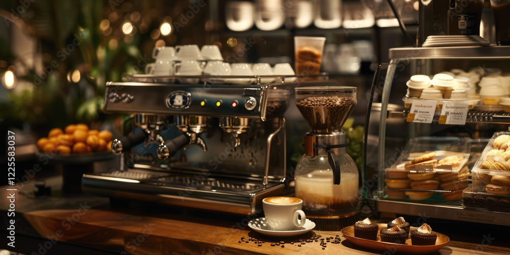 a counter in a coffee shop, a drip coffee machine and an assortment of desserts, making fresh aromatic coffee, the interior of a cozy coffee shop a counter in a coffee shop, a drip coffee machine and an assortment of desserts, making fresh aromatic coffee, the interior of a cozy coffee shop