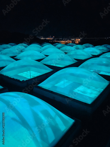 perspective from lamps, blue light through spherical windows. the roof of the museum with glowing windows in blue color on the background of the night city. cimena location. Kyiv photo