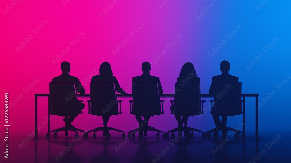 Fototapeta premium Silhouettes of a diverse group in a meeting against a vibrant gradient background.