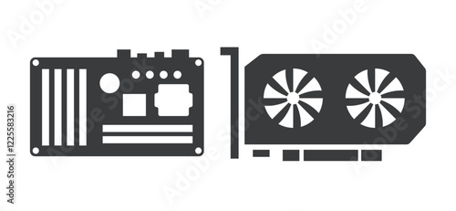 Video card and motherboard. Vector flat icons isolated on white background.