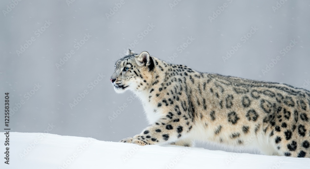 Snow leopard in winter landscape: majestic big cat walking through snow Snow leopard in winter landscape: majestic big cat walking through snow