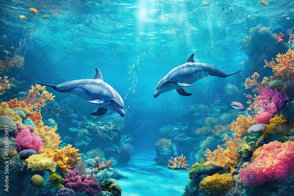 Two dolphins swim near a vibrant coral reef in clear blue ocean water, surrounded by marine life Two dolphins swim near a vibrant coral reef in clear blue ocean water, surrounded by marine life
