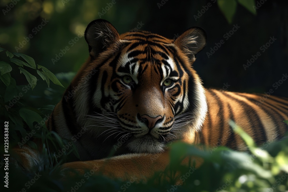 Fototapeta premium Majestic tiger resting in lush green foliage during a serene afternoon in the jungle