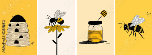 Cute summer bumble bee doodle hand drawn style illustration