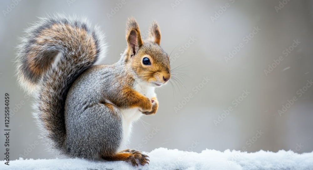 Adorable winter squirrel perched on snowy branch with fluffy tail in daylight Adorable winter squirrel perched on snowy branch with fluffy tail in daylight
