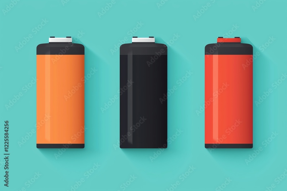 Three colorful batteries on a teal background, representing power and energy. Three colorful batteries on a teal background, representing power and energy.