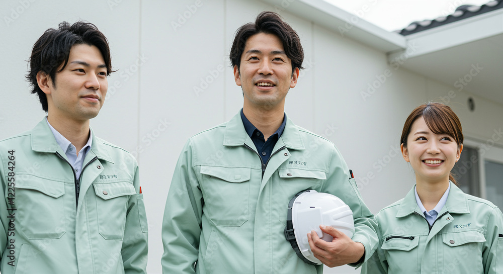 Construction workers smiling during teamwork at site wearing safety gear Construction workers smiling during teamwork at site wearing safety gear