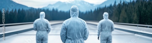 Three scientists in protective gear analyze a remote landscape with mountains in background. photo