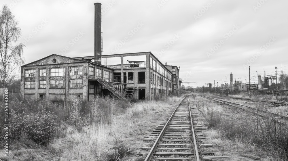 Derelict factory building and railway tracks in monochrome. Derelict factory building and railway tracks in monochrome.