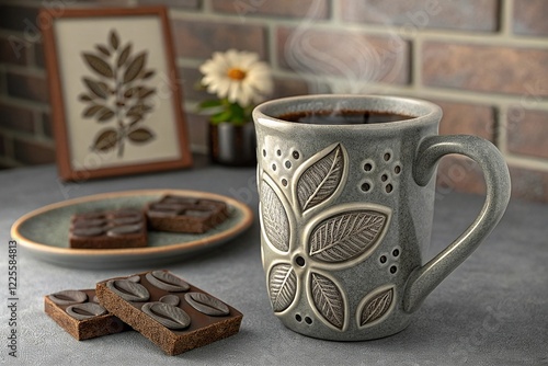 Aromatic coffee in a carved ceramic mug photo