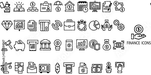 Finance simple concept 28 icons set. Contains such loan, cash, saving, financial goal, profit, budget, mutual fund, earning money and revenue .Vector illustration.