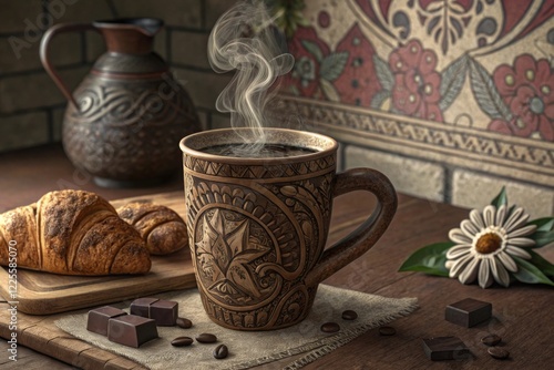 Aromatic coffee in a carved ceramic mug photo