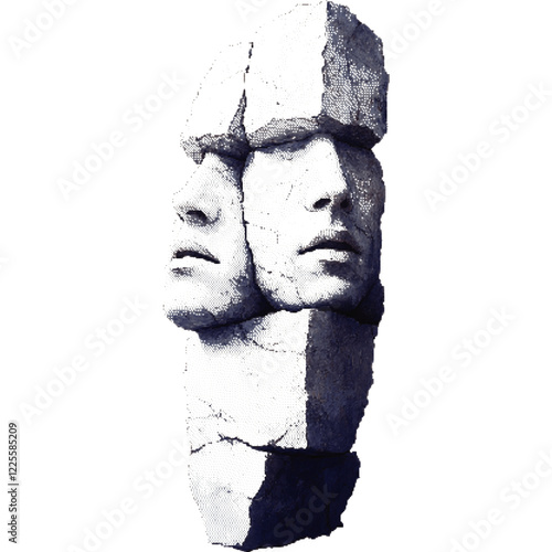 Ancient stone sculptures of unknown origin. Faces carved in rock. Halftone effect with dots.   