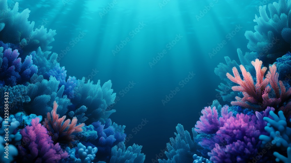 Naklejka premium Vibrant coral reef with colorful corals under shimmering water rays.