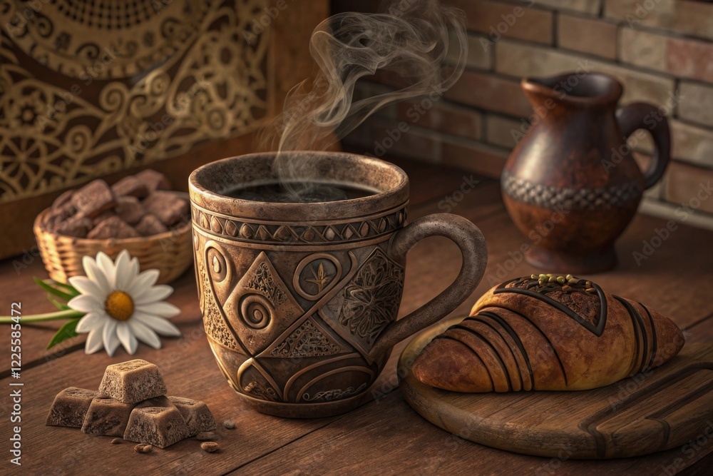 Fototapeta premium Aromatic coffee in a carved ceramic mug
