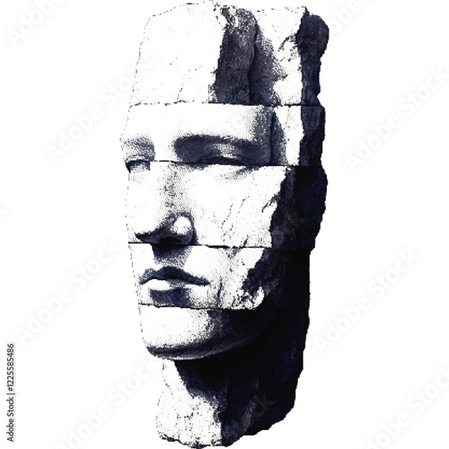 Ancient stone sculptures of unknown origin. Faces carved in rock. Halftone effect with dots.   