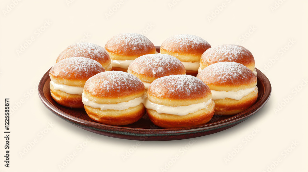 A classic and refined image of cream-filled doughnuts, lightly dusted with powdered sugar, presented on a rustic ceramic plate A classic and refined image of cream-filled doughnuts, lightly dusted with powdered sugar, presented on a rustic ceramic plate